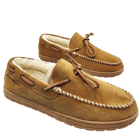 Eddie Bauer Other - Eddie Bauer Tan Light Brown Suede Shearling-Lined Moccasin Slippers Men's Size 8